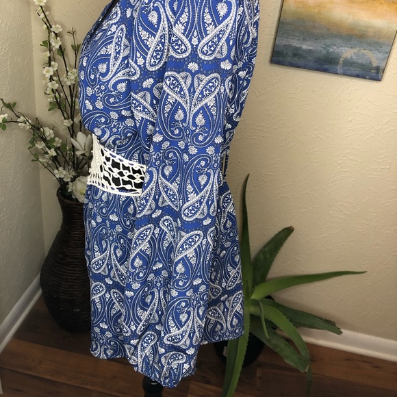 Blush Paisley Print Blue Long sleeve V-neck Romper w/ Crochet Detail Waist - Picture 8 of 9
